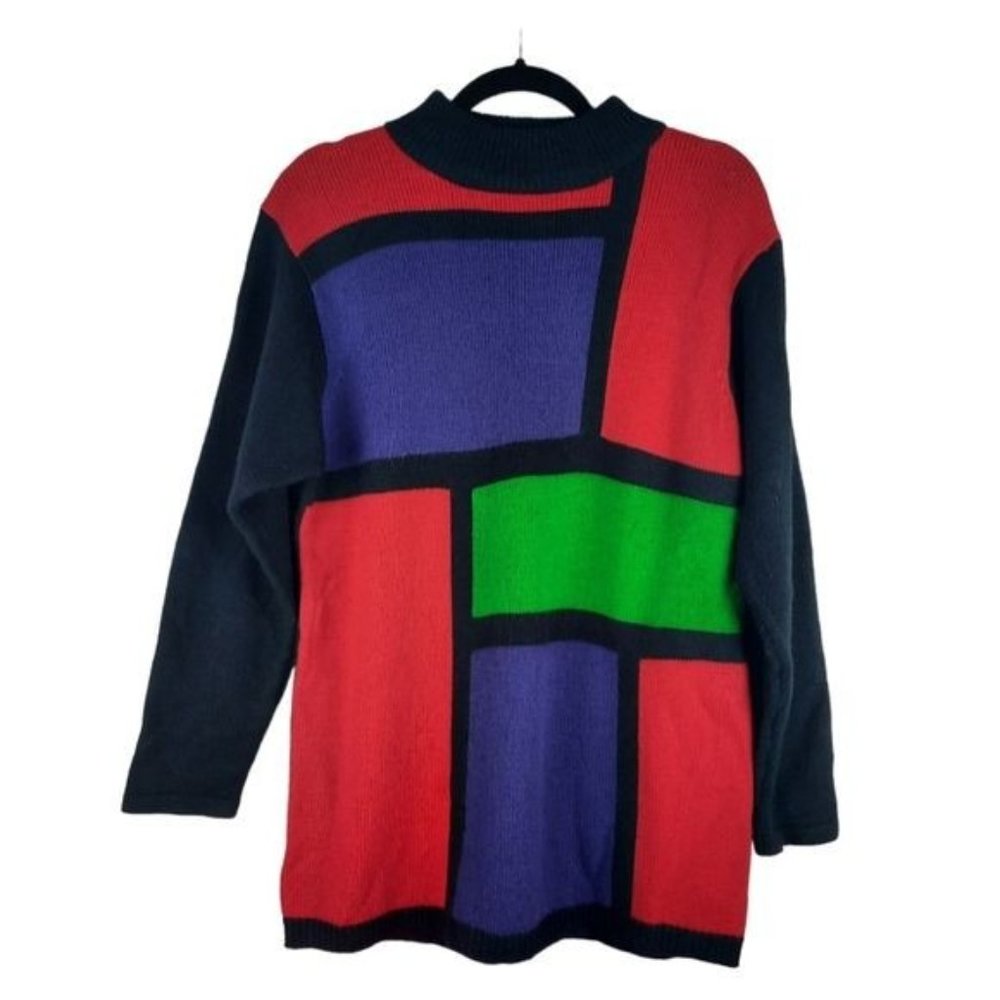 80s Lambswool Knit Sweater Vintage Liz Claiborne Color Block - Picture 2 of 10